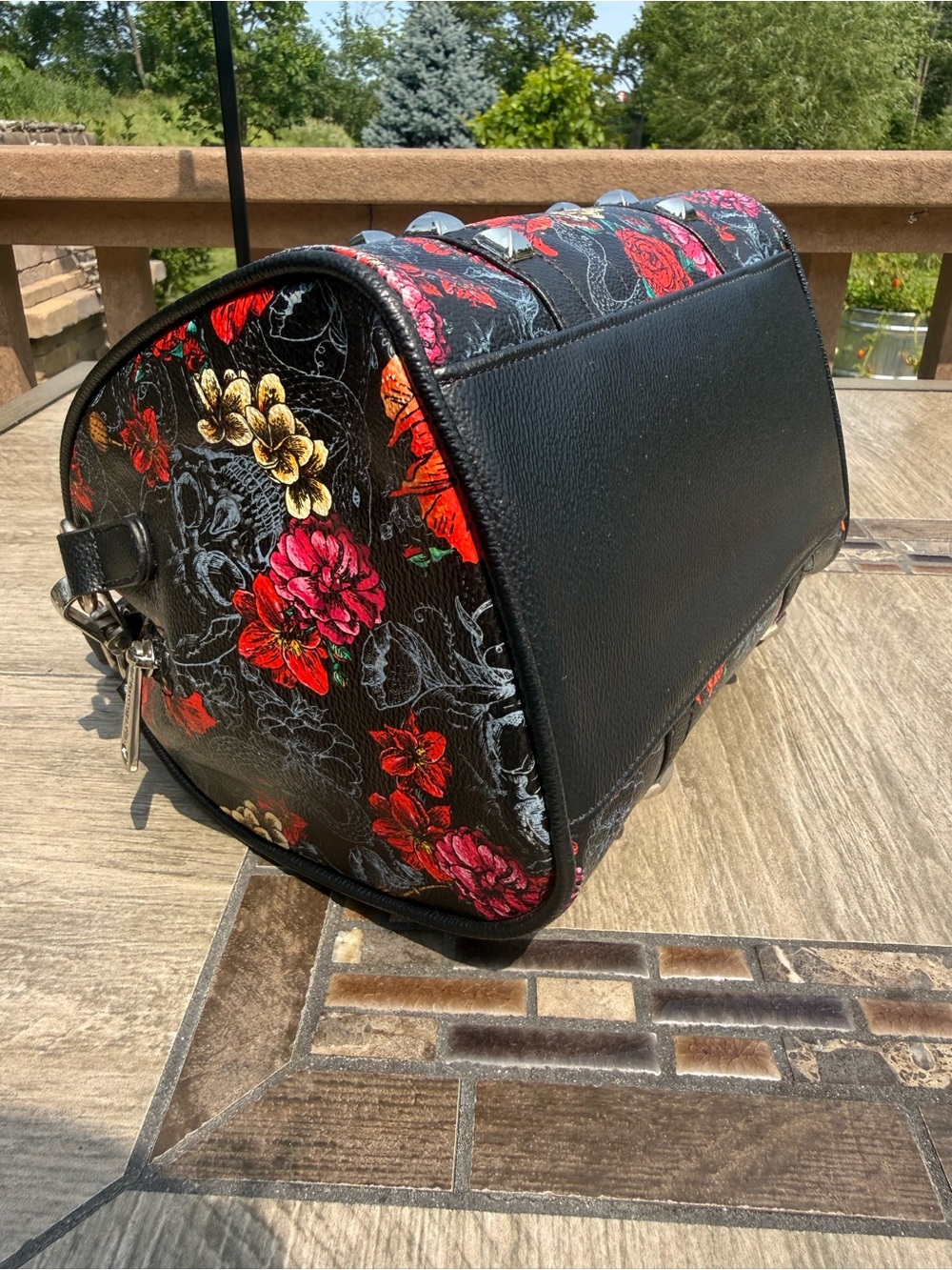 EUC Loungefly Black Floral Skull Mini Satchel with Red & Pink Roses - Picture 8 of 11